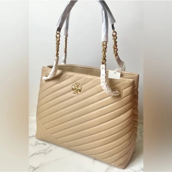 Tory Burch Kiara Chevron Beige Diagonal Quilted Shoulder Bag